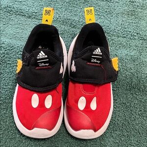 adidas Kids Mickey Red Black Slip-On Sneakers with Yellow Tab